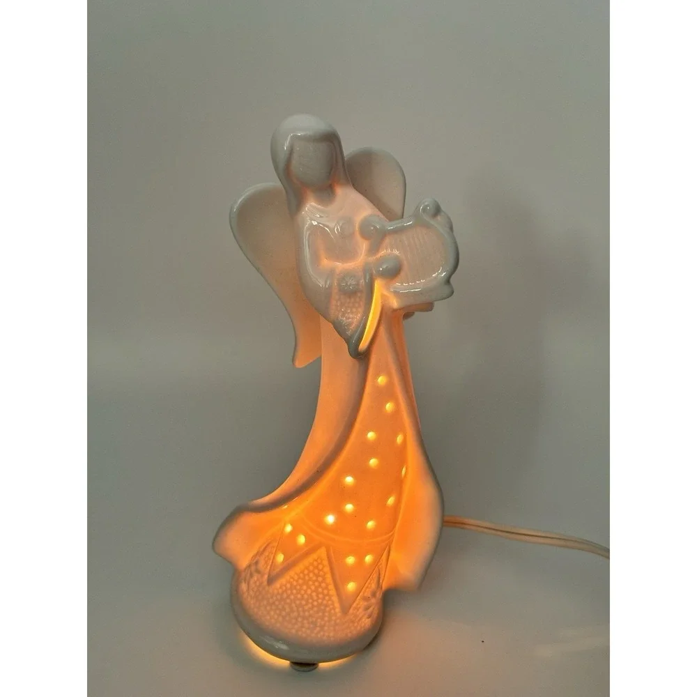 Vtg Ceramic Angel Lamp Playin Harp Home Decor Christmas Angelic‎ Approx 8 Inches